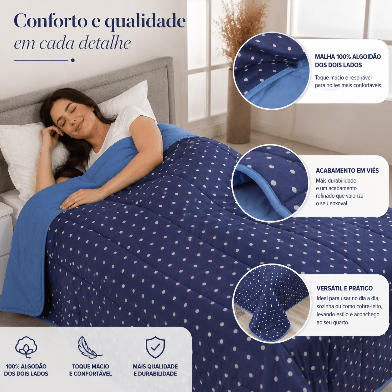 Edredom Malha 100% Algodão Casal Solteiro Queen E King Cobertor Dupla Face Antialérgico Premium Poa